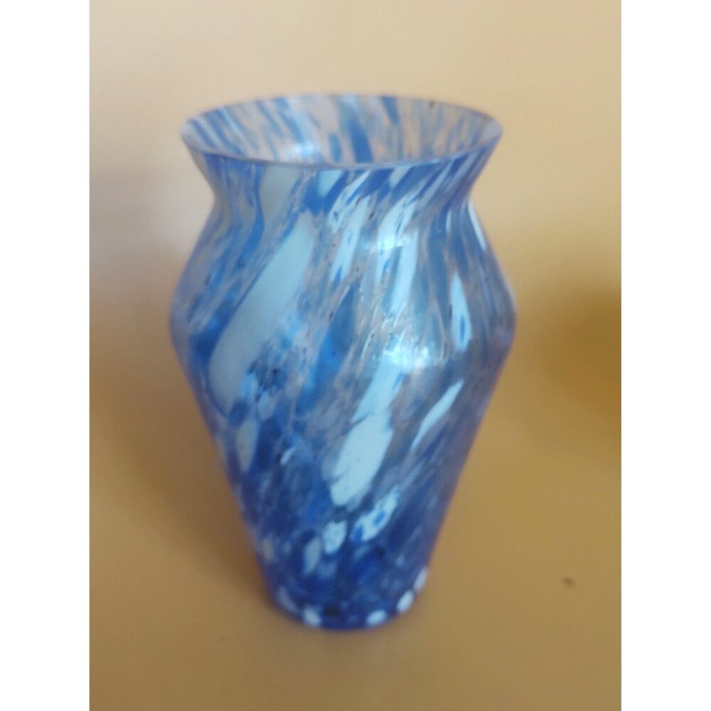 Vintage Hand Blown Blue & White Swirled Glass Vase Isola Bella Italy 5 1/4"